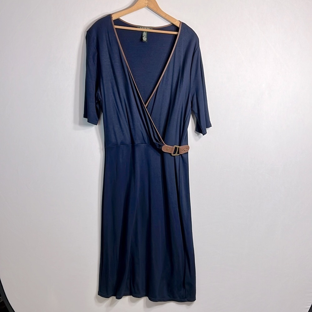 Lauren Ralph Lauren Elbow Sleeve Faux Wrap Navy Dress size XL - Picture 2 of 11